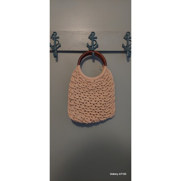 SIGRID OLSEN Handmade Macrame Handbag Bamboo Handles Cotton Boho Hippie NWT - Picture 2 of 4